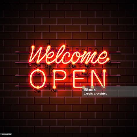 Neon Welcome Open Signboard On The Brick Wall Background Vector