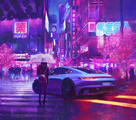 Wallpaper Frank Hong Cyberpunk Car Rain Street Umbrella Sega