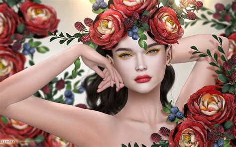 Beauty Red Wreath Frumusete Luminos Rose Fruit Fantasy Girl