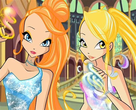 Two Cartoon Girls With Blonde Hair And Blue Eyes Are Standing In Front Of A Building