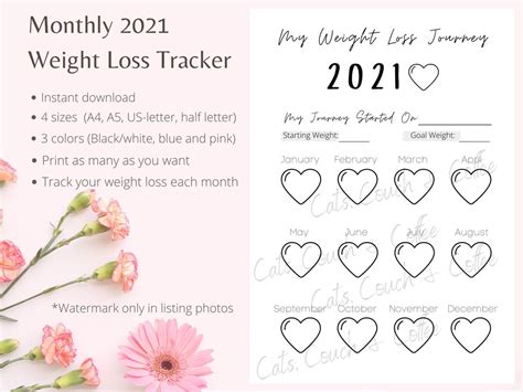 Printable 2021 Monthly Weight Loss Tracker Pounds Lost Chart Etsy