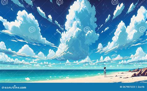 Anime Background Art Of Endless Beautiful Blue Sky With Lots Of Clouds