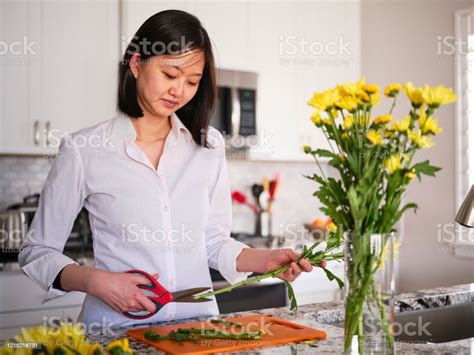 Asian Woman Arranging Flowers In Her Home Stock Photo Download Image