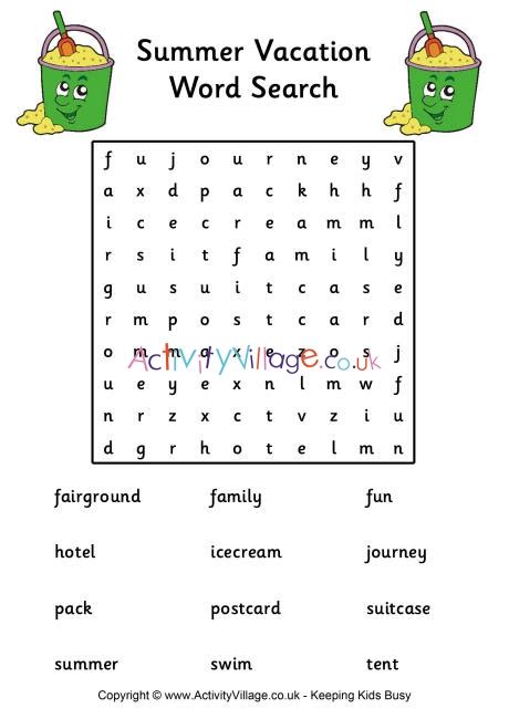 Summer Vacation Word Search Easy