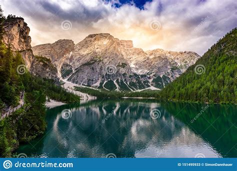 Lake Braies Also Known As Pragser Wildsee In Beautiful Mountain