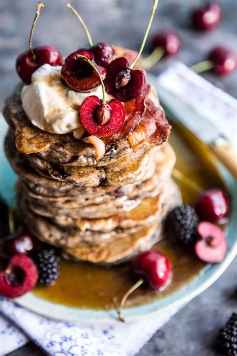Sweet Cherry Buckwheat Pancakes With Bourbon Butter Syrup Bacon