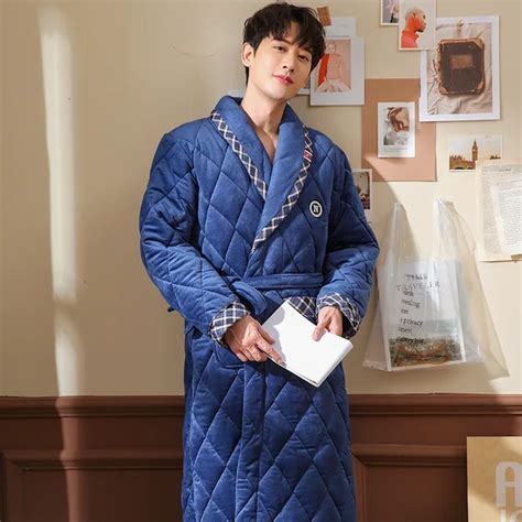 Male Robes Winter Beibei Quilted Three Layers Cotton Thick Bathrobes Mens Large Size Flannel
