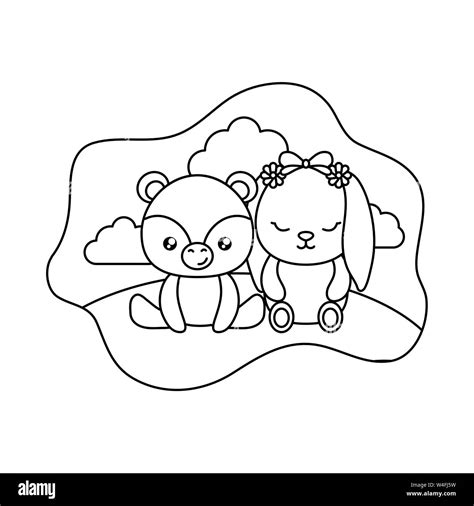 Cute Little Bunny With Bear Baby In Landscape Vector Illustration