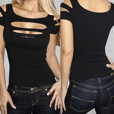 new high quality ladies sexy ripped slashed black tight t shirt women tops clubwear cut out tee