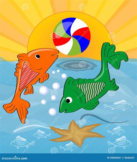 Two Cute Fishes Playing With Ball In The Sea Orange Fish Throws The