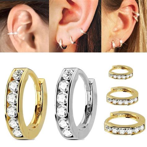 14k Gold Jeweled Cartilage Helix Conch Single Hoop Earring In 2020