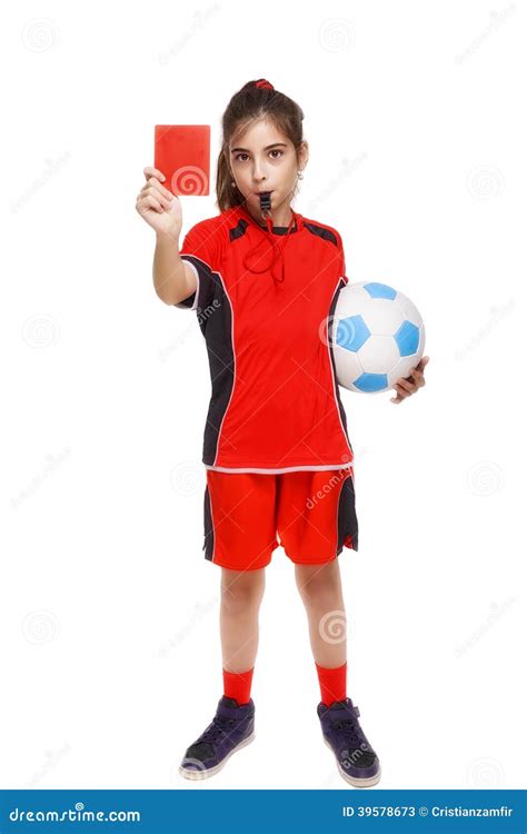 Kid In Sportswear Holding Soccer Ball And Giving Red Card Stock Image