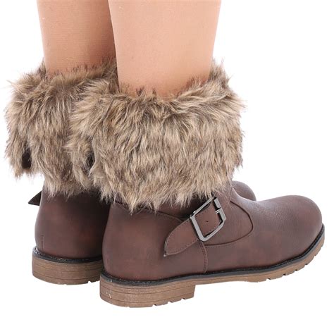 Ladies Womens Faux Fur Lined Collar Buckle Warm Pull On Winter Ankle