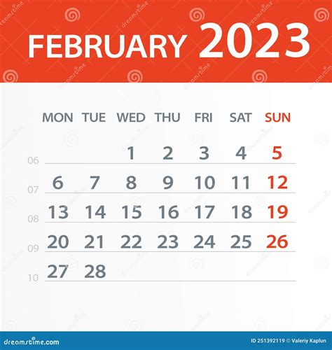 February 2023 Calendar Leaf Vector Illustration Week Starts On