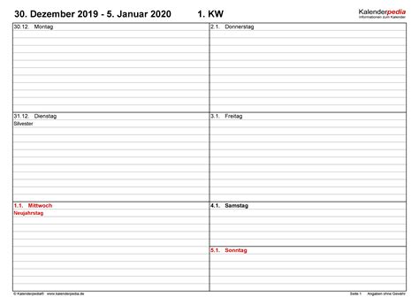 Wochenkalender 2020 Als Excel Vorlagen Zum Ausdrucken