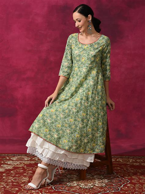 Green Floral Print Layered Maxi Dress Aks Clothings