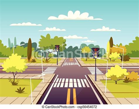 Street Crossroad Vector Cartoon Illustration Of Traffic Lane And