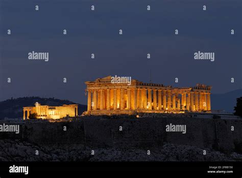 Night Shot Of Illuminated Acropolis Athens View From The Opposite