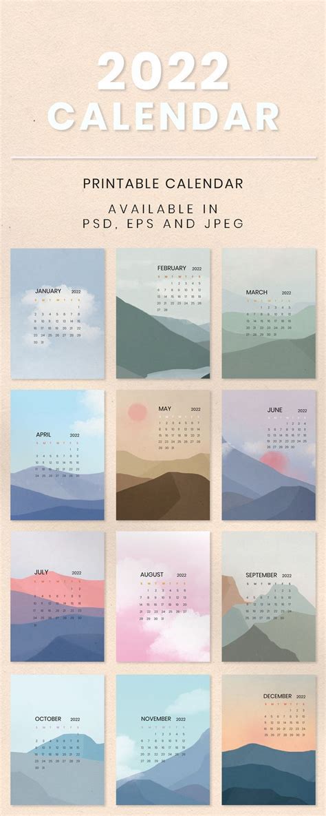 2022 Calendar Sky And Mountain Minimal Scandinavian Style Calendar