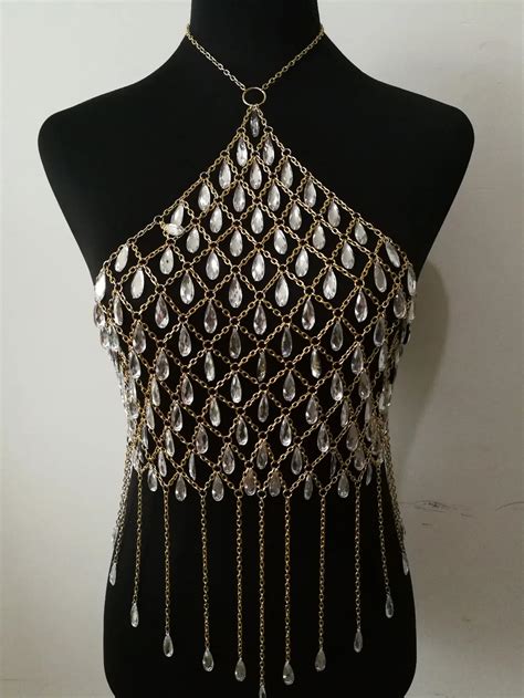 Fashion Style B767 Women Gold Chains Acrylic Beads Necklace Bra Costume