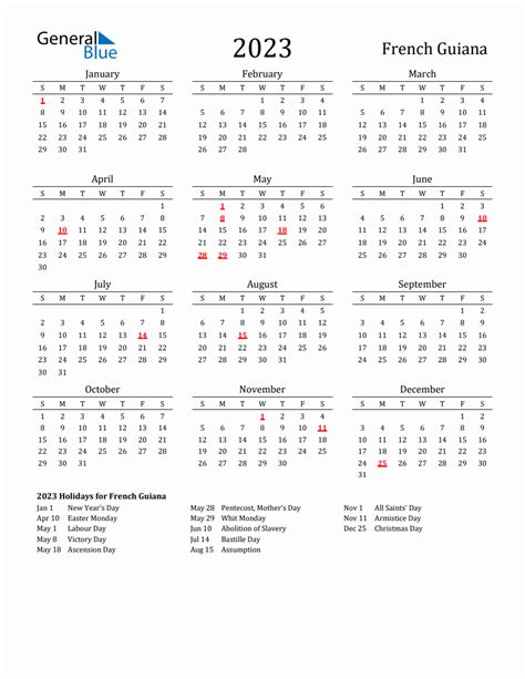 Free French Guiana Holidays Calendar For Year 2023
