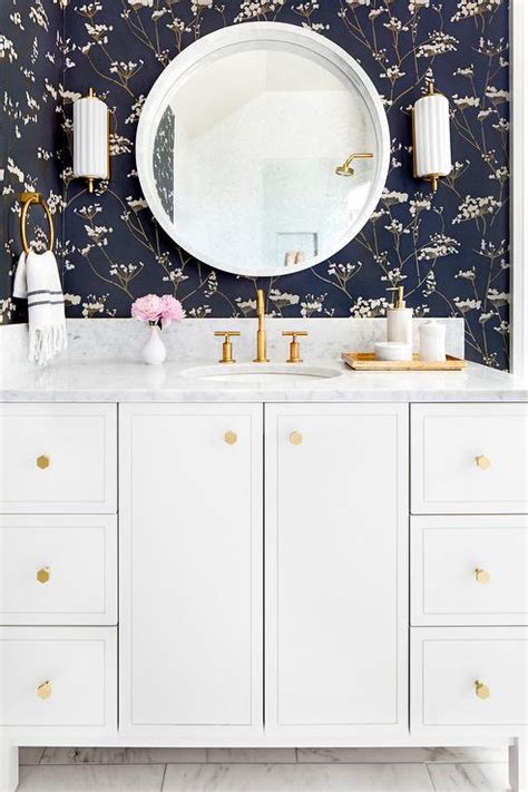 Gold And Navy Blue Botanical Powder Room Wallpaper Transitional