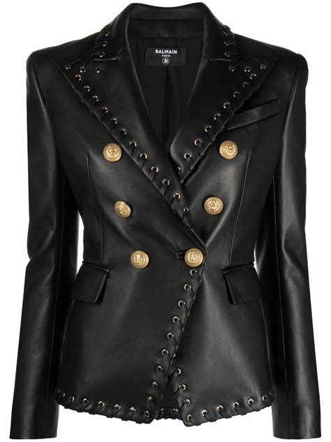 balmain double breasted leather blazer farfetch