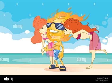 Sun Summer Boy Fire Head Embrace Kiss Two Girls On Beach Stock Vector