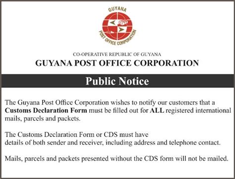 Guyana Post Office Corporation Public Notice Customs Declaration