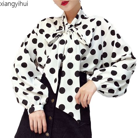 women fashion black white polka dot chiffon blouse female tops casual bow tie o neck long sleeve