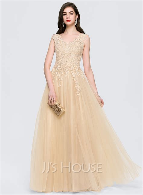 A Lineprincess V Neck Floor Length Tulle Prom Dresses With Beading