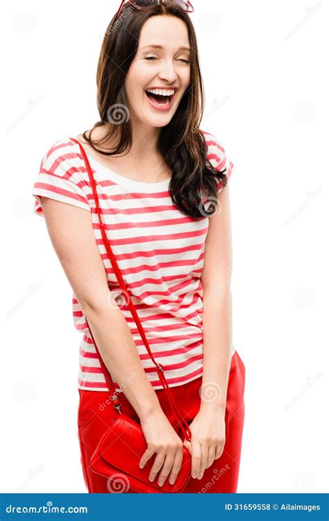 Silly Girl Dressed In Red Laughings Miling Isolated On White Background
