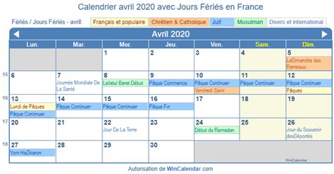 France Calendrier Pour Limpression Avril 2020