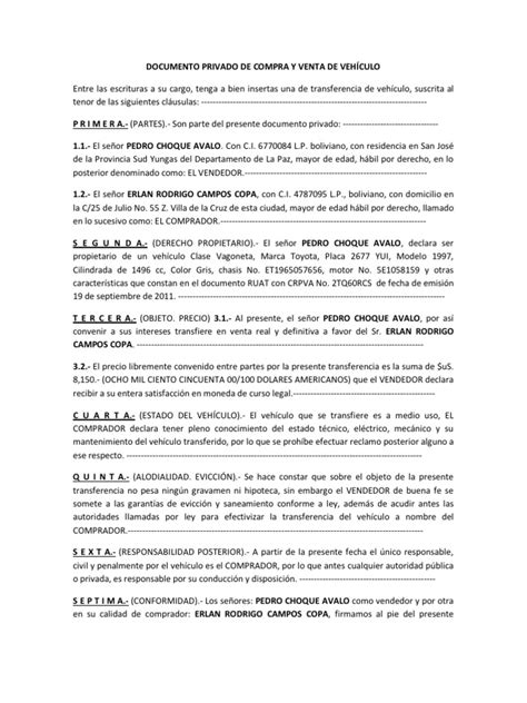 Documento Privado De Compra Y Venta De VehÍculo
