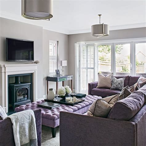 Light Grey Living Room With Lilac Sofa Grey Living Room Furniture