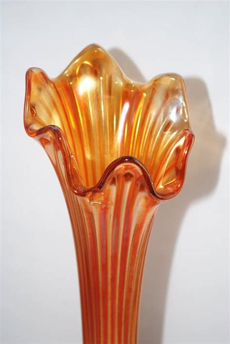 Tall Vintage Orange Carnival Glass Fluted Vase