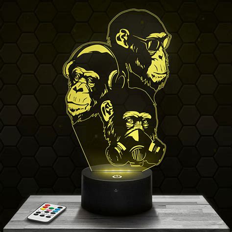 Stylized Wise Monkeys 3d Led Lamp With A Base Of Your Choice