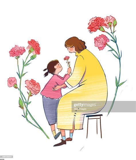 Mothers Day Illustration With Daughter Giving Mother Flower Stock