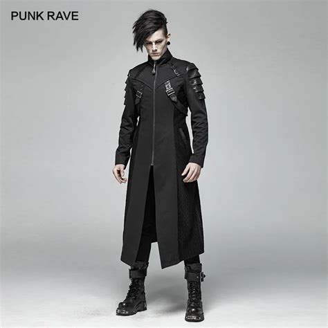 Punk Rave Gothic Mens Black Armor Mid Length Jackets Coat Steampunk