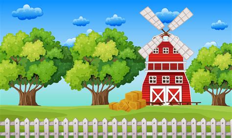 Farm Scene With Windmill In The Field 520021 Vector Art At Vecteezy