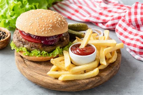 Hamburger French Fries And Ketchup Food And Drink Photos Creative Market