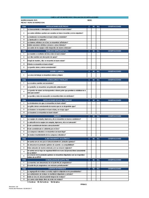 Formato Check List De Inspeccion Y Evaluación De Instalaciones Pdf