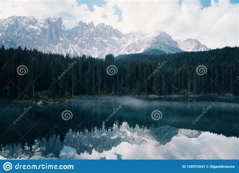 The Karersee Lake With Reflection Of Mountains In The Dolomites Stock