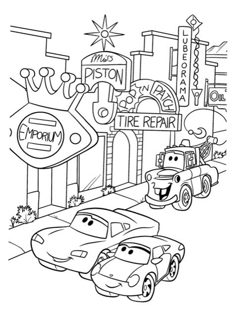 Cars Lightning Mcqueen Sally Carrera Tow Mater Printable Coloring Page