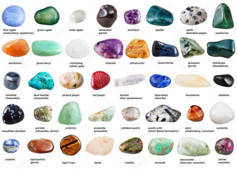 Het komt er op neer dat edelstenen zijn samengesteld uit één of meerdere mineralen. set van verschillende tuimelde edelstenen met namen ...