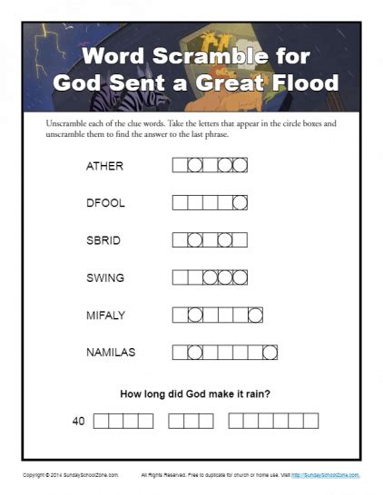 God Sent A Great Flood Word Scramble Bible Word