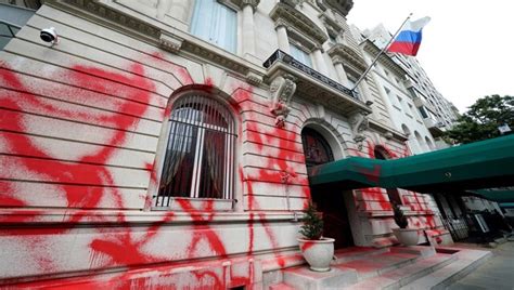Russian Consulate In New York Vandalized With Red Paint As Putin