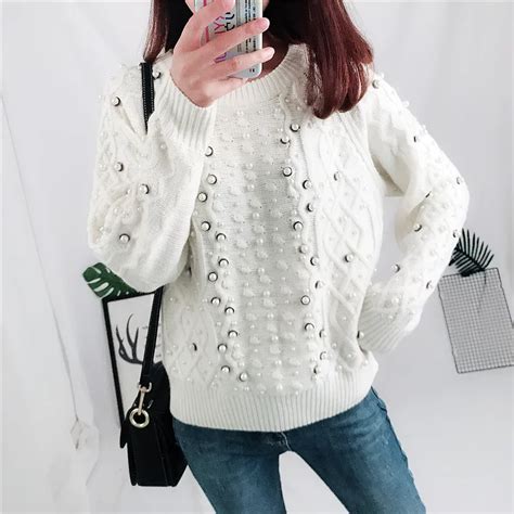 Buy 2018 Winter Women Sweet Pearls White Knitted Sweaters Pullovers Runway
