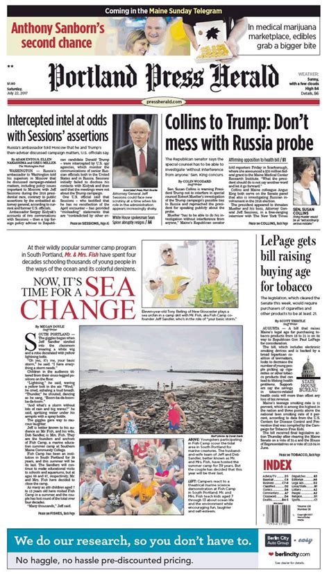 Todays Portland Press Herald Front Page Saturday July 22 2017