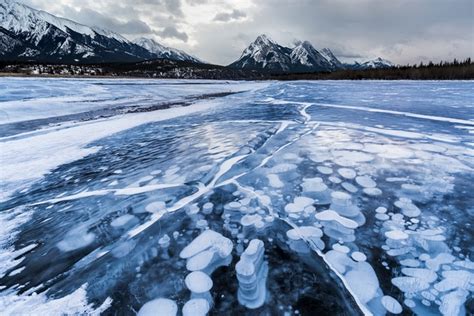 Methane Gas Bubbles Trapped In The Ice Of Abraham Lake In The Canadian